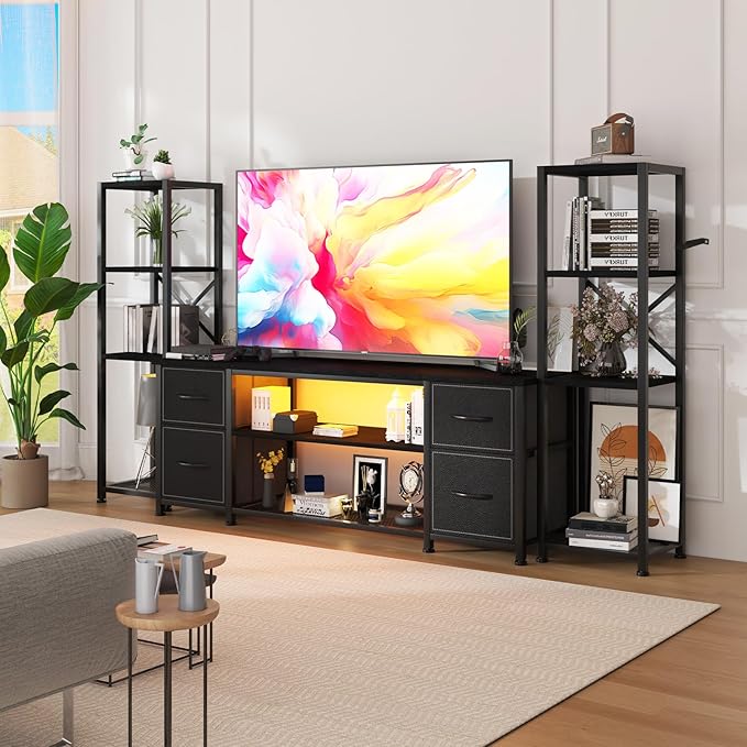Yenlure LED TV Stand Bookshelf Combo with Charging Station for 65 60 55 Inch TV, Entertainment Center with Lights & Drawers, Industrial Media TV Console Table for Living Room Bedroom Office, Black