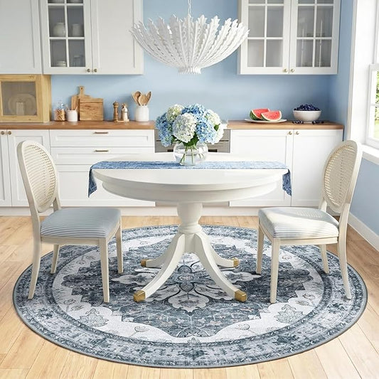 RELEANY Area Rugs Round 6ft Washable Non-Slip, Floral Vintage Distress Print Pattern Medallion Carpet for Living Room Bedroom Dining Room, Light Gray Grey White