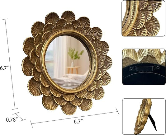Vintage Vanity Makeup Desk Mirror,Antique Traditional Roundness Table Mirror Vintage Gold, for Dressing Table,Bedroom, Bathroom,Tabletop,Antique, 6.7" x 6.7"