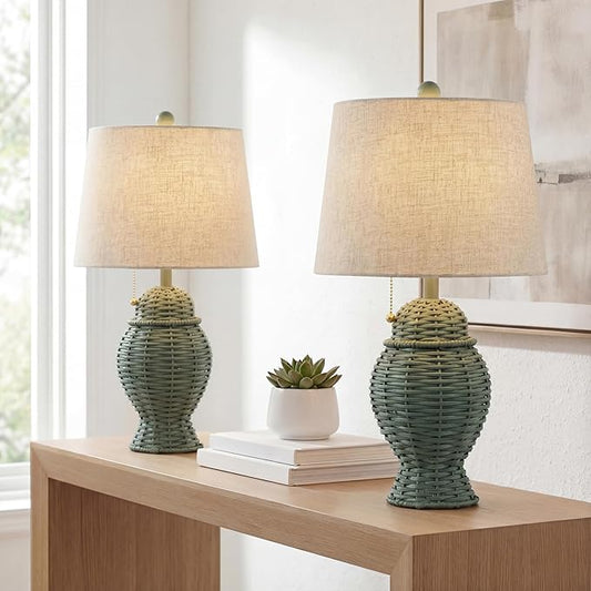 JONATHAN Y 20.5" Green Wicker Table Lamp Set of 2, Bohemian Rustic Farmhouse Bedside Lamps for Living Room, Nightstand Desk Lamps with Beige Linen Shade, LED Bulbs Included (JYL4041C-SET2)