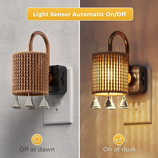 L LOHAS LED Night Lights Plug into Wall, Boho Fabric Cylinder Decor Night Light with Tassel, Dusk to Dawn Sensor, 0-100LM Dimmable Night Lights, Vintage Nightlight for Bedroom, Living Room, Hallway