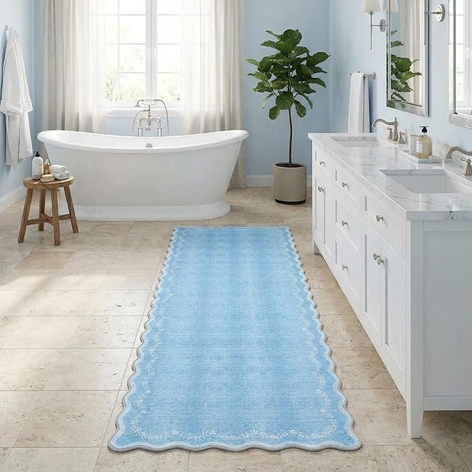 GarveeHome 2x6 Scalloped Washable Runner Rug for Kitchen, Soft Blue Hallway Runner Non Slip Entryway Rug Farmhouse Thin Laundry Mat Stain Resistant Carpet for Bedroom Bathroom Beside Rug