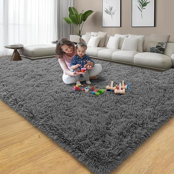 qulint 9x12 Area Rug for Living Room, Soft Fluffy Large Bedroom Carpet Shag Shaggy Grey Modern Rug, Fuzzy Plush Alfombra para Sala for Dorm Classroom Playroom Home Decor (9ft x 12ft, Dark Gray)