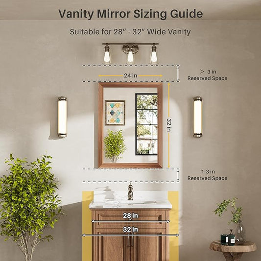 24x32 Inch Bathroom Mirror for Wall, Anti-Rust Walnut Wood Grain Metal Framed Bathroom Mirrors for Over Sink,Rectangler Mirrors for Bathroom Vanity, Farmhouse, Bedroom, Living Room, Entryway Decor