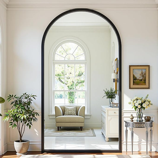 Full Length Mirror 82"×44" Floor Mirror Standing Tall Mirror, Arched Stand up Large Wall Mirrors, Freestanding Full Body Mirrors for Bedroom Living Room Wood Antique Style Black