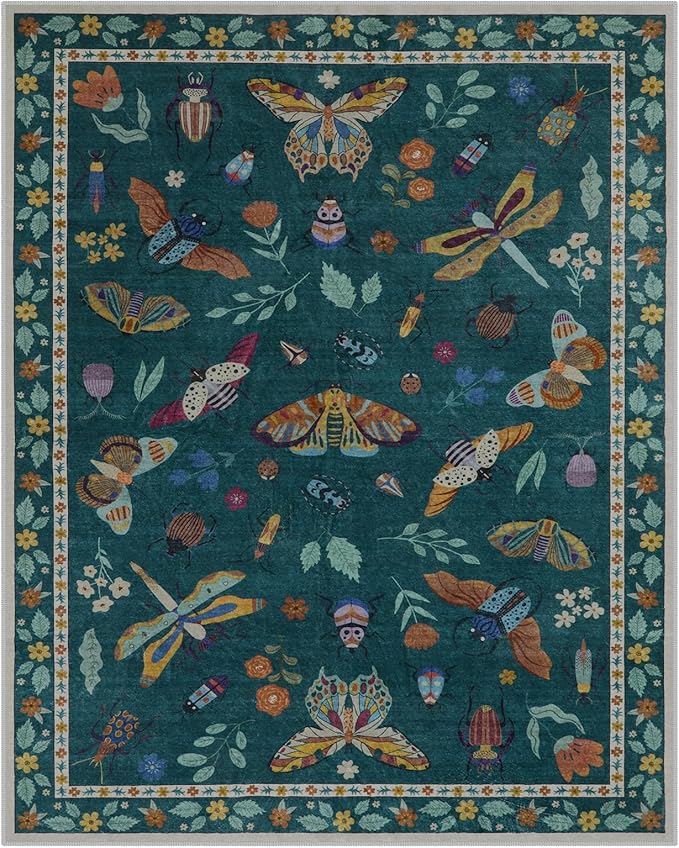 Lahome Insect Washable Rugs 8x10, Soft 8x10 Area Rugs for Living Room, Non Slip Bedroom Rug Under Bed Ultra-Thin Large Carpet for Dining Room Office Playroom Vionnet(8'x10',Dark Green)