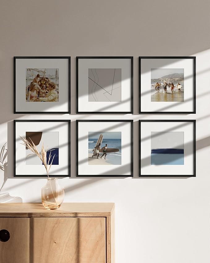 HAUS AND HUES 12x12 Black Metal Picture Frames Matted to 8x8 - Features Premium Aluminum & Hanging Hardware, Shatterproof Plexiglass - Ideal for Home, Room, Office (12x12 in, Black, Set of 6)