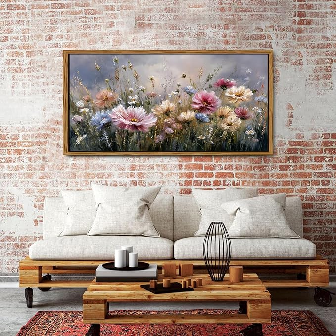 Colorful Pink Floral Wall Art Framed Bedroom Decor Abstract Nature Wildflower Picture Canvas Prints for Living Room Home Decorations, French Country Flower Painting Poster Farmhouse Artwork 30x57.8