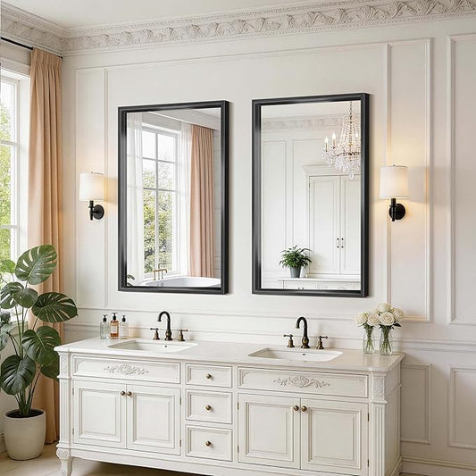 Black Framed Mirror 24"x42", Brushed Black Bathroom Mirrors for Over Sink, 0.6" Thickened Deep Frame Rectangle Mirrors for Wall, Shatterproof Tempered Glass, Antirust, Horizontally/Vertically