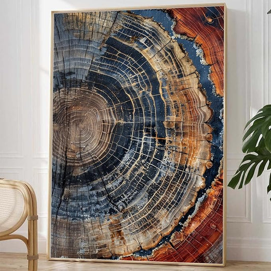 IBHJSART Framed Tree Ring Canvas Wall Art Vintage Colorful Wood Stump Painting Prints Modern Minimalist Pictures Neutral Nature Rustic Farmhouse Decor Living Room Bedroom Bathroom Office