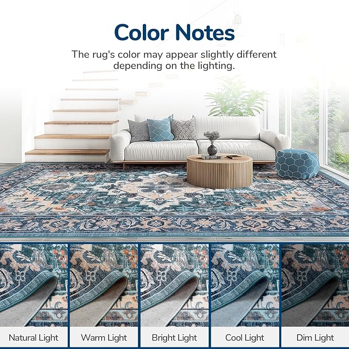 Lessymo Area Rug 5x7, Machine Washable Area Rugs, Super Soft Faux-Wool Area Rugs for Living Room Bedroom Kitchen, Boho Vintage Floral, Non-Slip Low Pile, Kid & Pet Friendly, Dark Green