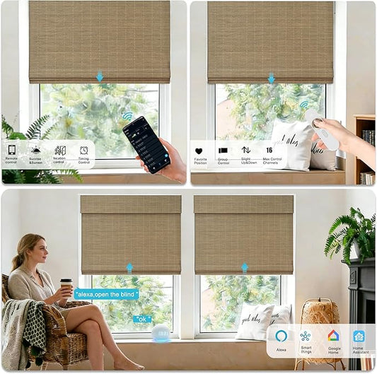 Motorized Bamboo Roman Shades, Motorized Blinds with Remote Compatible with Homekit, Alexa GoogleHome, Smart Wood Woven Shades for Indoor Windows, Customize, Earthline