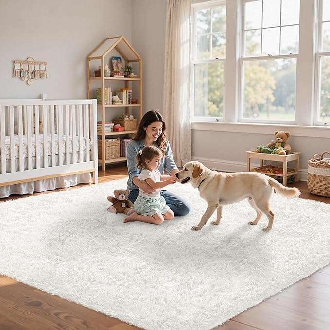 5x7 Area Rug for Living Room:Ultra Soft Fluffy Shag White Rugs,Large Fuzzy Plush Indoor Non Slip Carpet Washable Rug for Bedroom Kids Nursery Office Dorm Modern Decor(White 5'x7')