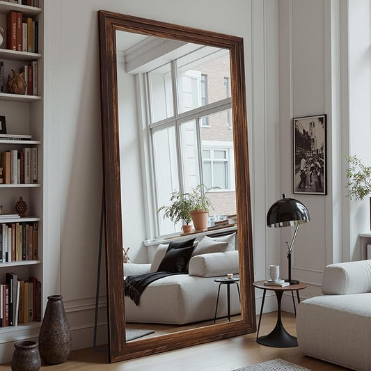 Full Length Mirror, 81"x41" Wooden Mirror Full Length with Stand Wood Floor Mirror, Oversized Stand Up Mirrors Large Wall Mirrors, Wall Mounted Mirrors, Rect Wood Style, Walnut