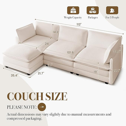 ROWHY 112'' Modular Sectional Cloud Couch with Movable Ottoman, 4 Seat Modern Chenille Sofa with 2 Throw Pillows, Deep Seat L Shaped Couch for Living Room Bedroom Apartment, Beige | Arrange Freedom