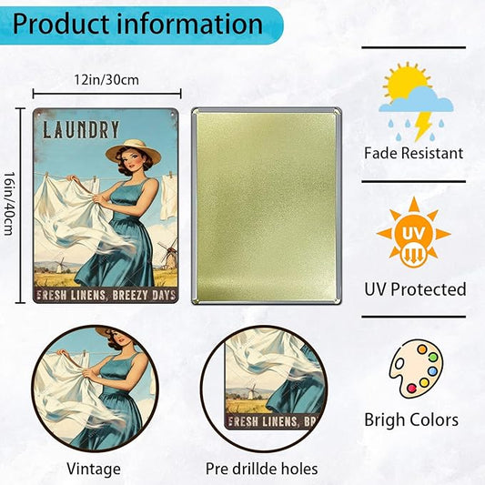 Laundry Vintage Tin Sign Funny Sarcastic Fresh Linens Breezy Days Retro Housewife Design Vintage 1950s Mom 16x12 Inch
