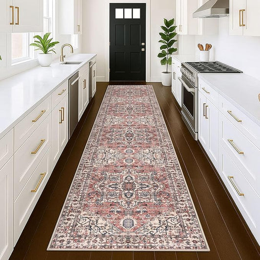 KOZYFLY Runners for Hallways 3x12 Ft Extra Long Washable Faux Wool Thin Hallway Rug Boho Runner Carpet Printed Entryway Rug for Bedroom Stairs Kitchen Living Room Hall, Red Salmon/Pink/Navy