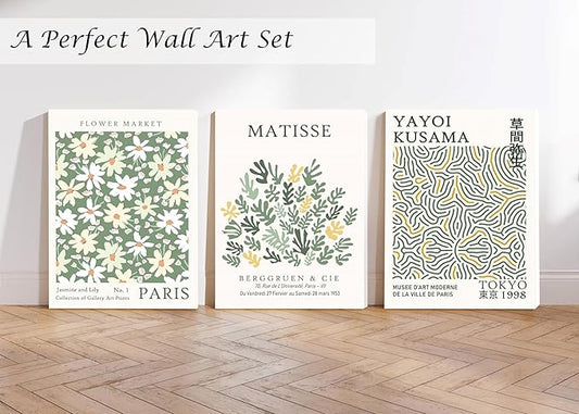 Induslyfe Framed Green Wall Art Canvas Decor Set of 3, Matisse Wall Art Framed Prints Posters Mid Century Modern Art, Aesthetic Floral Botanical wall art for bedroom, living room bathroom 12x16