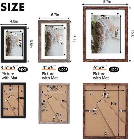 Fixwal Picture Frames Set, Gallery Wall Frame Set Picture Frames Collage 15 Pack for Wall or Tabletop with 8x10 5x7 4x6 Frames, Rustic Picture Frames in 3 Different Finishes