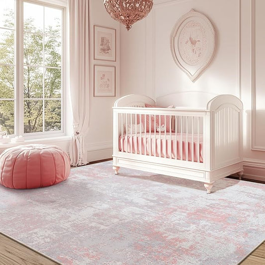RELEANY Washable Area Rugs 6'x8' Non-Slip Modern Abstract Soft for Living Room Entryway Bedroom Nursery, Print Pattern, Grey Pink