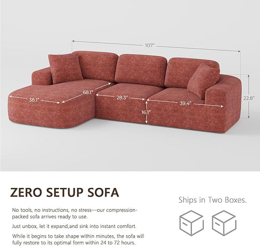 Dowinx 107'' Modular Sectional Sofa Couch with Chaise, No Assembly Required, Modern Woven-Textured Upholstery, Convertible L-Shaped Design for Living Room – Rust Brown