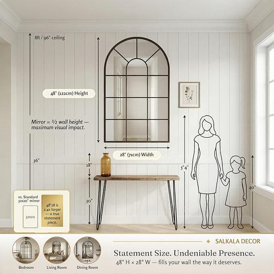 48x28Inch Arched Window Pane Mirror| Black Arched Mirrors for Wall & Floor | Arch Mirror Full Length for Entryway Living Room & Bedroom | Oversized Mirrors | Wall Art Decorative |Farmhouse DΓ©cor