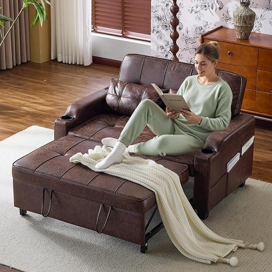 VINGLI Rustic Futon Sofa Bed Convertible Loveseat Sleeper Sofa Couch, Pullout Sofa Fold Out Couch Bed with USB Ports, Cup Holders, Armrest for Living Room, Bedroom Apartment Room | Loveseat Sleeper