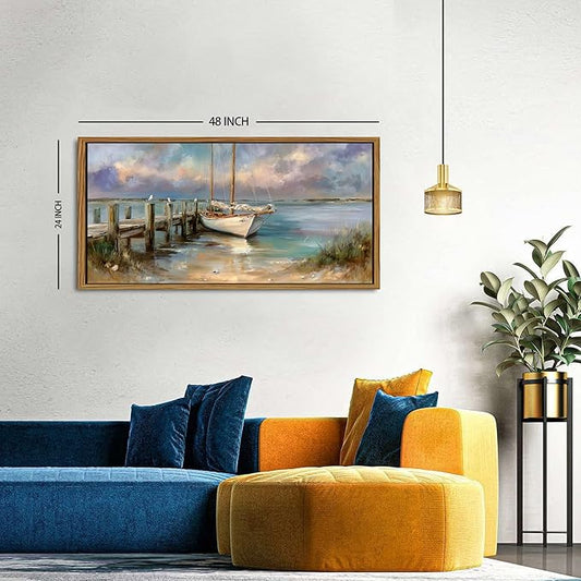 Vintage White Boat Wall Art Framed Coastal Wall Decor Bathroom Bridge Dock Decorations Vintage Ocean Beach Landscape Picture Canvas Prints Seascape Seagull Poster Artwork Living Room Decoration 24x48