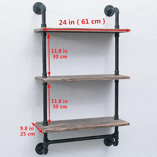 MBQQ 3 Tier Shelving Bathroom Pipe Shelves with Towel Bar Over Toilet, 24 inch Pine Wood Floating Shelves for Wall Mounted Bedroom,Kitchen, Farmhouse, Living Room