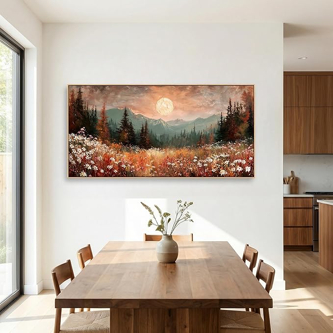 BQVCT Mountain Landscape Wall Art 24x48 Inch Wildflower Meadow Moon Framed Canvas Print Nature Scenery Painting Decor for Living Room Bedroom Office