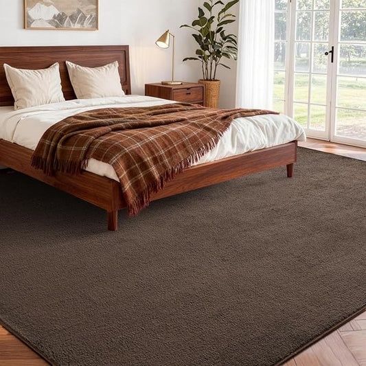 FinRèc 7x10 Washable Area Rugs for Bedroom Living Room, Low Pile Thin Rug Solid Color, Non-Slip Carpet Indoor for Home Decor (Pure Brown)