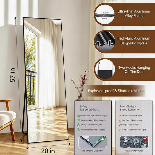 NARCISSUS 57x20 Mirror Door Hanging Full Length Body with Floor Stand or Wall Mounted Metal Aluminum Frame Tempered Glass Rectangle Mirrors for Bedroom Dressing Living Room Bathroom 57 inch Black