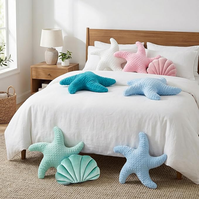 XIAJIA 2 PCS Starfish Pillow Decorative Throw Pillow, 19.68x19.68 Inch Coastal Beach Pillow, Ocean Decor Beach Themed Room Accent Pillow for Couch Bed Bedroom(White/Blue)
