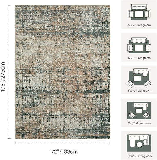 Rugxara 6x9 Washable Area Rug for Living Room, Modern Abstract Large Boho Rugs for Office, Dining Room, Kids Room, Farmhouse, Durable Low Pile Non Slip Carpet for High Traffic Areas, Moss