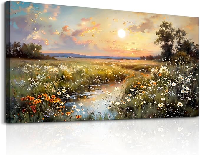 hyidecorart Large Canvas Wall Art for Living Room Wall Decor Bedroom Vintage Farmhouse Wildflower Wall Painting Office Decorations Nature Landscape Picture Artwork Aesthetic Home Decor Ready To Hang