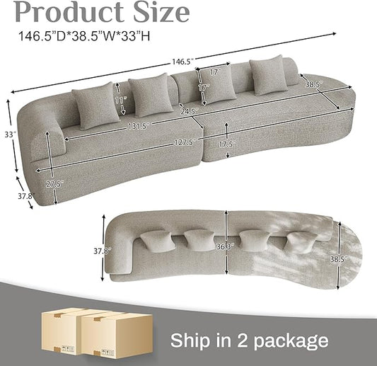 147" Oversized Sectional Sofa for Living Room, Modern Luxury Plush Chenille 4-Seater Extra Deep & Wide Seat Curved Cloud Couch with 4 Throw Pillows, No Assembly Needed, Light Grey