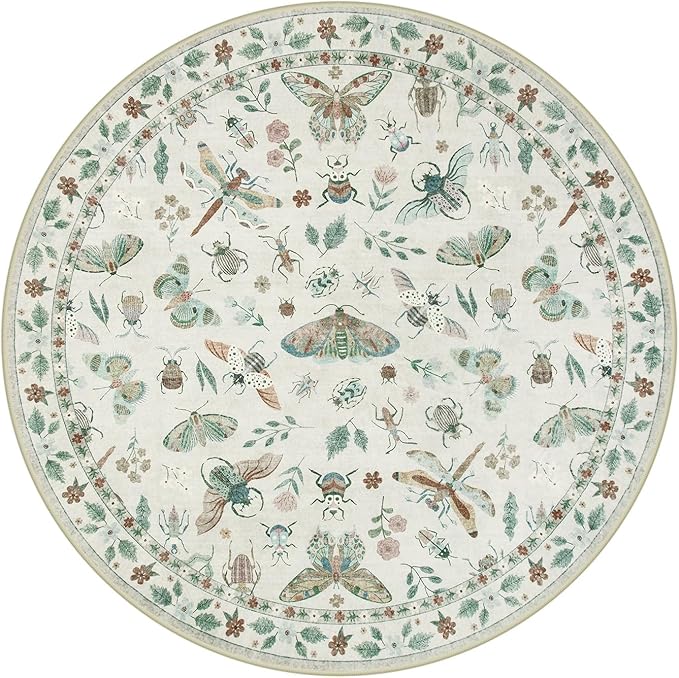 Lahome Insect Washable Round Rugs, Non-Slip Soft Round Rug 4ft Ultra-Thin, Small Boho Circle Carpet for Entryway Kitchen Bedroom Nursery Bathroom Vionnet, Beige