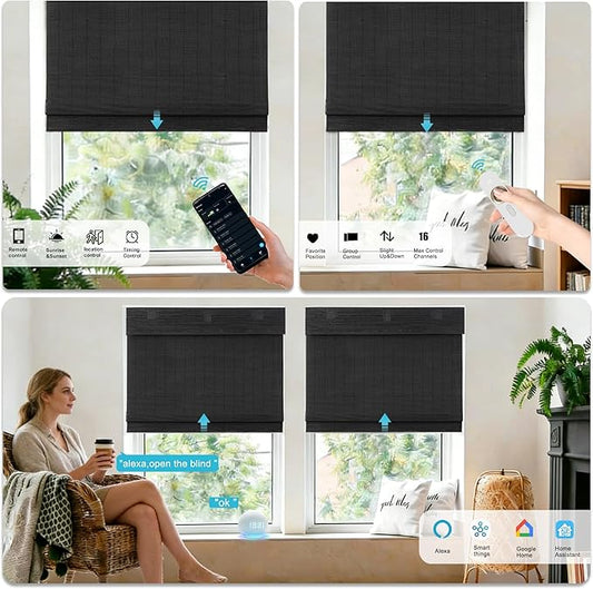 Motorized Bamboo Roman Shades, Motorized Blinds with Remote Compatible with Homekit, Alexa GoogleHome, Smart Wood Woven Shades for Indoor Windows, Customize, Carbon Shade