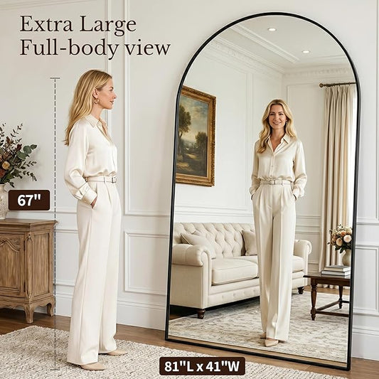 MISSDAY Oversized Arched Full Length Mirror, 81"x41" Black Full Body Mirror with Stand, Floor Mirror Large Free Standing, Leaning or Hanging, Aluminum Frame Mounted Mirrors Wall Mirrors for Bedroom