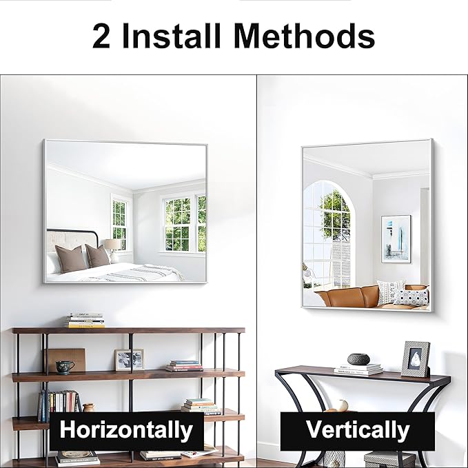 BONEWEI Silver Bathroom Mirror,30x36 inch Wall Mirror for Bathroom Wall Mounted,Rectangle Mirror for Bathroom Over Sink,Modern Metal Frame for Living Room,Bedroom Entryway,Horizontal/Vertical