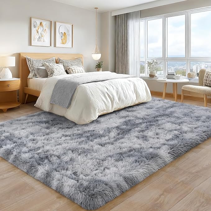 Area Rugs 9x12 Living Room, Ultra Soft Shaggy Fluffy Rug for Bedroom, Upgrade Non-Slip Fuzzy High Pile Plush Large Rugs for Nursery Boys Girls Kids Room Modern Indoor Home Decor, Tie-Dye Silver Grey