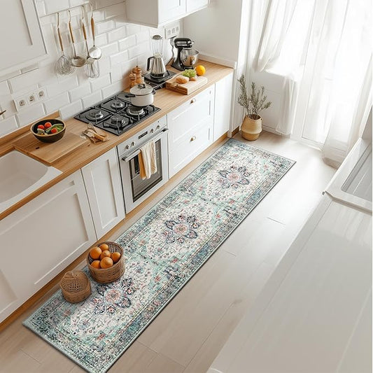BESTSWEETIE 2x8 Area Rug Washable Rugs for Living Room, No Pile Boho Carpet for Entryway Bedroom Dinning Room, Vintage Carpet Print Distressed Non-Slip, 2 x 8 ft, Multi Navy Teal