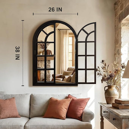TRAHOME Arched Windowpane Mirror, 26"x38" Black Wood Frame Rustic Farmhouse Wall Mirror, Vintage Decorative Window Mirror for Living Room, Entryway, Bathroom