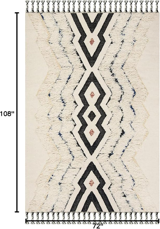 SAFAVIEH Kenya Collection Area Rug - 6' x 9', Ivory & Black Blue, Hand-Knotted Moroccan Tribal Tassel Wool, Ideal for High Traffic Areas in Living Room, Bedroom (KNY905A)