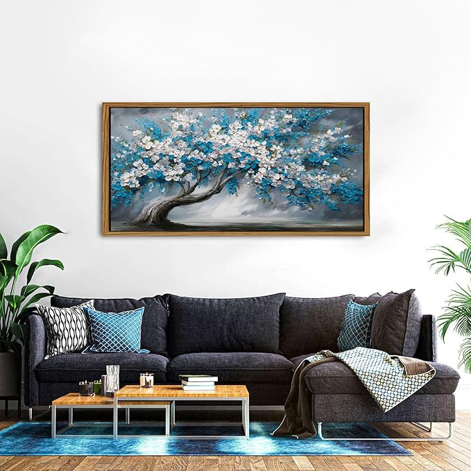 Abstract White Daisy Flower Framed Wall Art Colorful Tree Wall Decor Nature Navy Blue Botanical Painting Rustic Farmhouse Pictures Posters Modern Artwork for Bedroom Living Room Decorations 30x57.8
