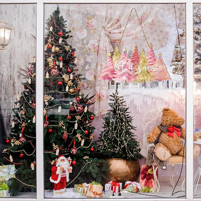 Soaoo Christmas Door Sign Pink Christmas Tree Wood Decor Let It Snow Xmas Wooden Hanging Sign Pink Xmas Tree Decorations Rustic Farmhouse for Front Door Yard Porch Outdoor Home Decor