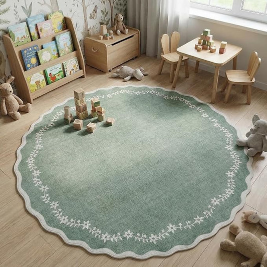 GarveeHome Round Area Rugs 6ft for Bedroom, Sage Green Washable Circle Rug Soft Non Slip Floral Print Floor Mat Leaves Carpet Indoor Thin Rug for Living Room Dining Room Playroom Nursery