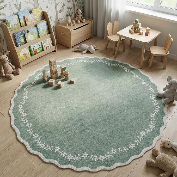 GarveeHome Round Area Rugs 4ft for Kids Room, Sage Green Scalloped Washable Circle Rug Soft Non Slip Floral Print Floor Mat Carpet Indoor Thin Tent Rug for Bedroom Dining Room Playroom Nursery