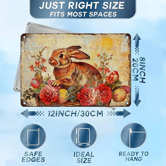 Bunny In Basket Metal Sign Easter Spring Theme Pink Flowers Eggs Design Rustic Farmhouse Wall Decor For Home Kitchen Garden Seasonal Decor 8x12Inch