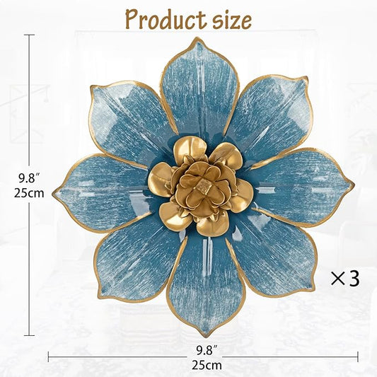 Metal Flowers Wall Decor Blue and Gold Wall Art Hanging Decorations 3 Pc Rustic Modern Floral Sculpture Wall Accent Artwork Indoor Outdoor for Bathroom Bedroom Living Room Garden Patio Porch 10 Inch